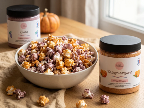 Pop-corn d'Halloween coloré : orange citrouille et violet sorcière, sans colorant