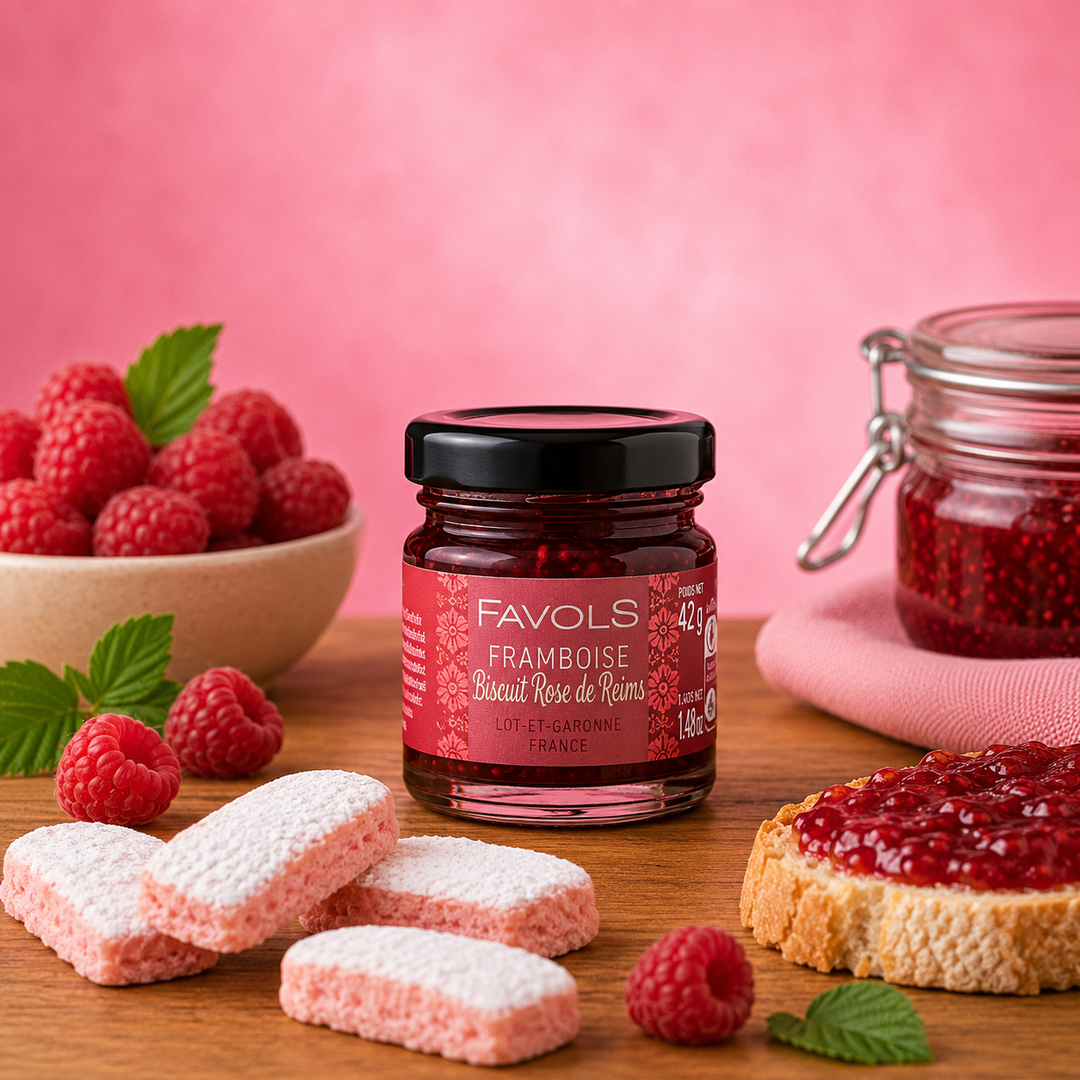 Confiture framboise biscuit rose de Reims 42G