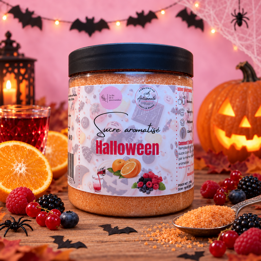 Sucre aromatisé Halloween (Orange, Grenadine & Fruits Rouges) en situation
