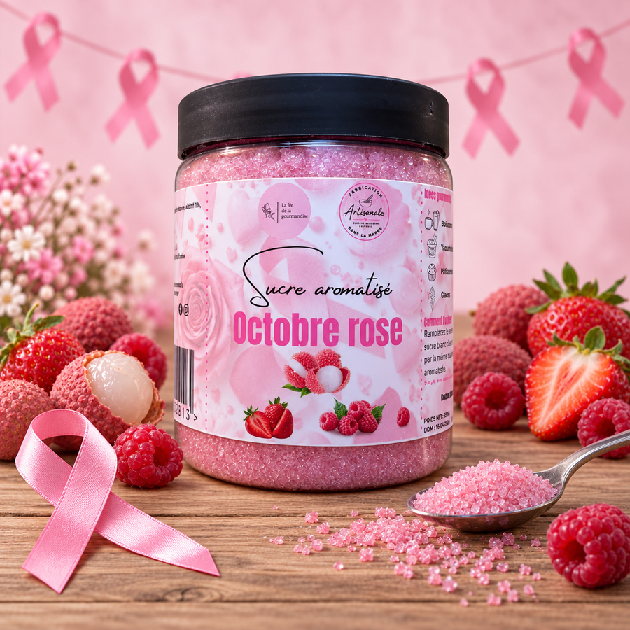 Sucre aromatisé Octobre Rose (Litchi, Fraise & Framboise) en situation