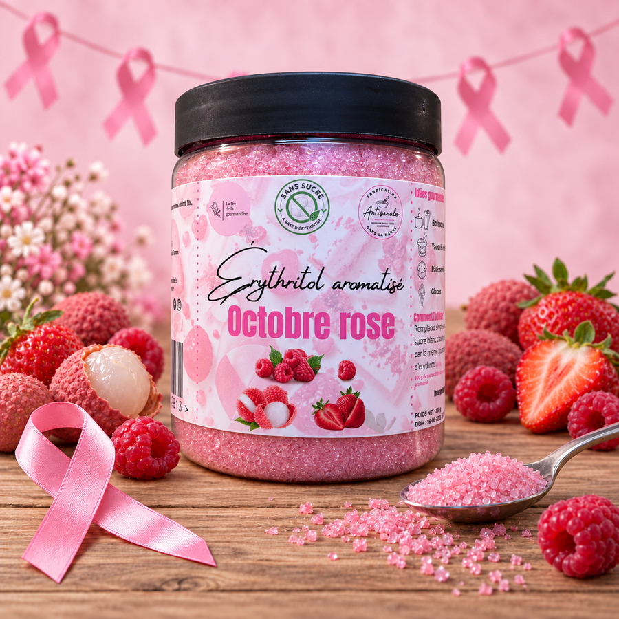Érythritol Octobre Rose (Litchi, Framboise et Fraise) en situation