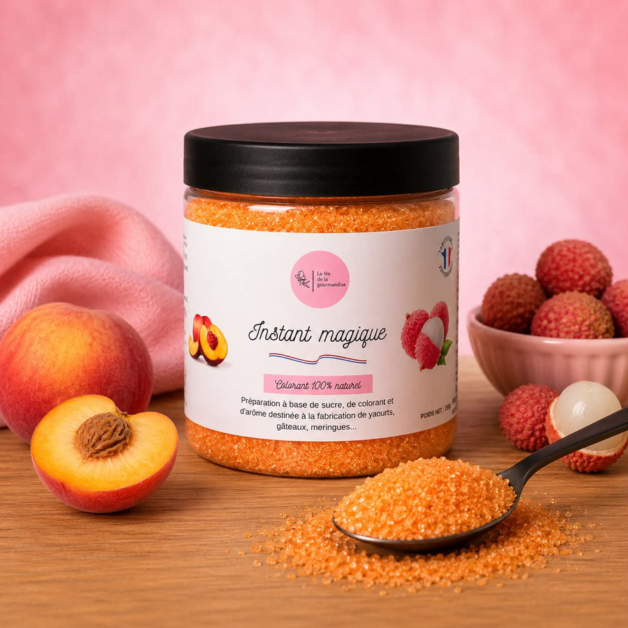 Sucre aromatisé Instant magique (Pêche, framboise et litchi)  250G en situation