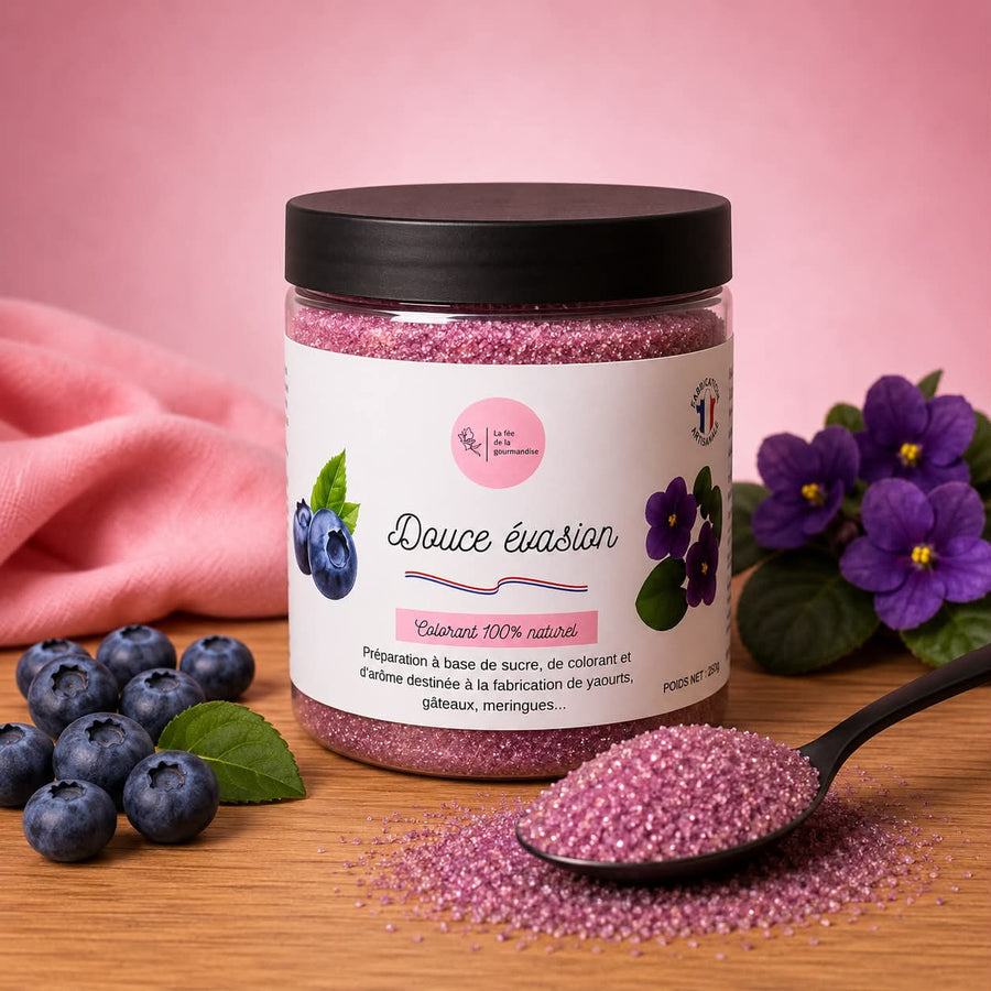 Sucre aromatisé Douce évasion (Myrtille, violette et vanille)  250G en situation