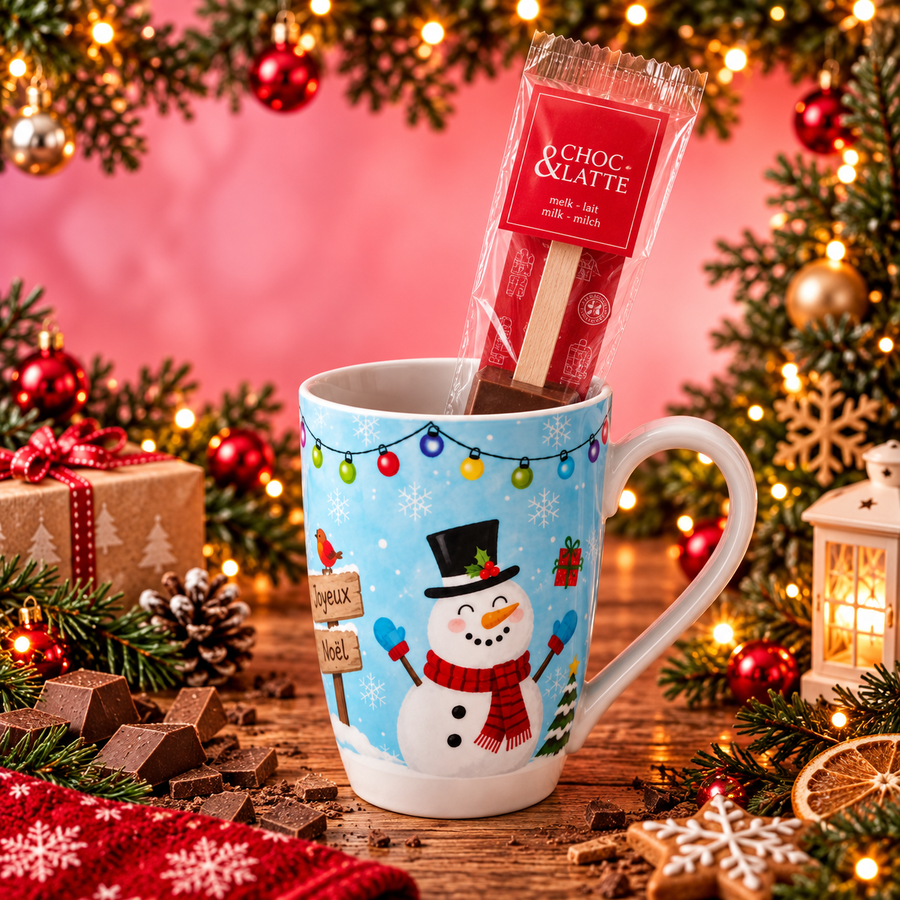 Tasse Bonhomme de Neige & Cuillère Chocolat Chaud 30g en situation