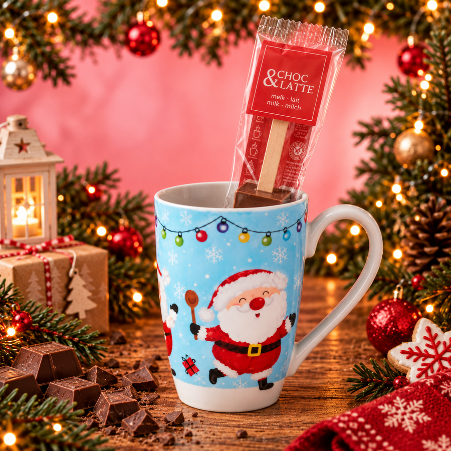 Tasse Père Noël & Cuillère Chocolat Chaud 30g en situation