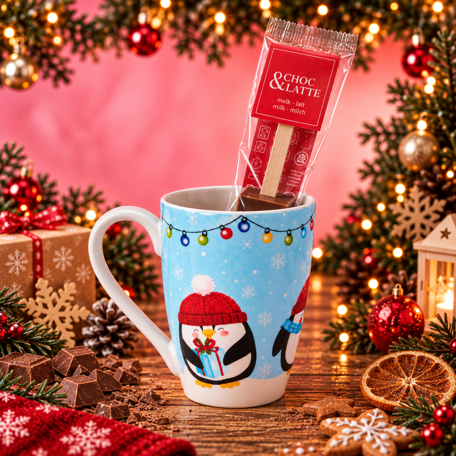 Tasse Pingouin & Cuillère Chocolat Chaud 30g en situation