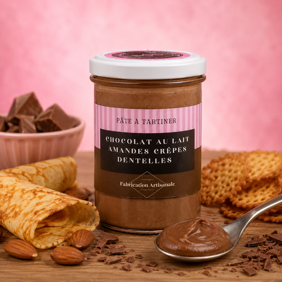 Pâte à tartiner Chocolat au lait, Amandes et Crêpes dentelle (Pot de 220g) en situation