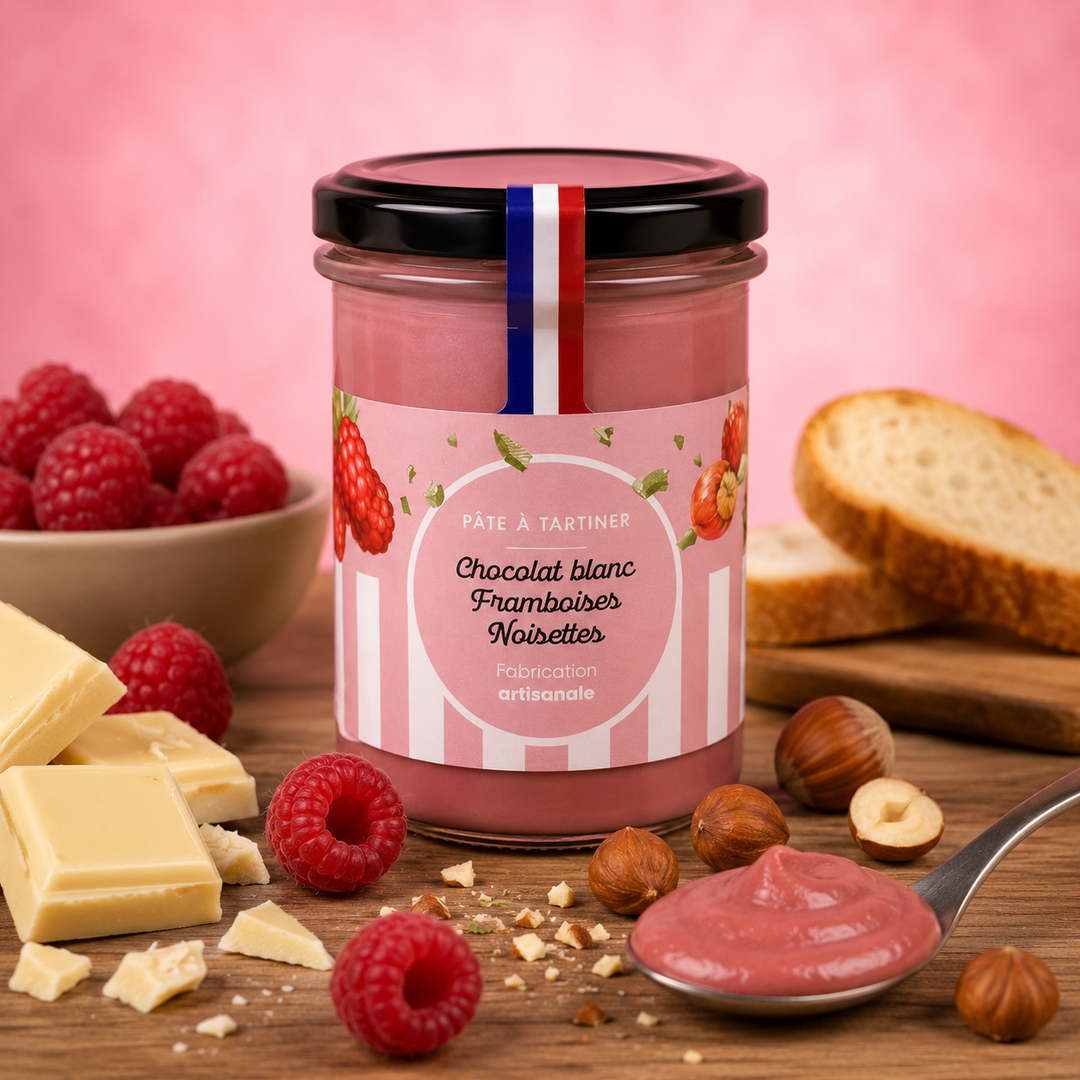 Pâte à tartiner chocolat blanc framboises noisette