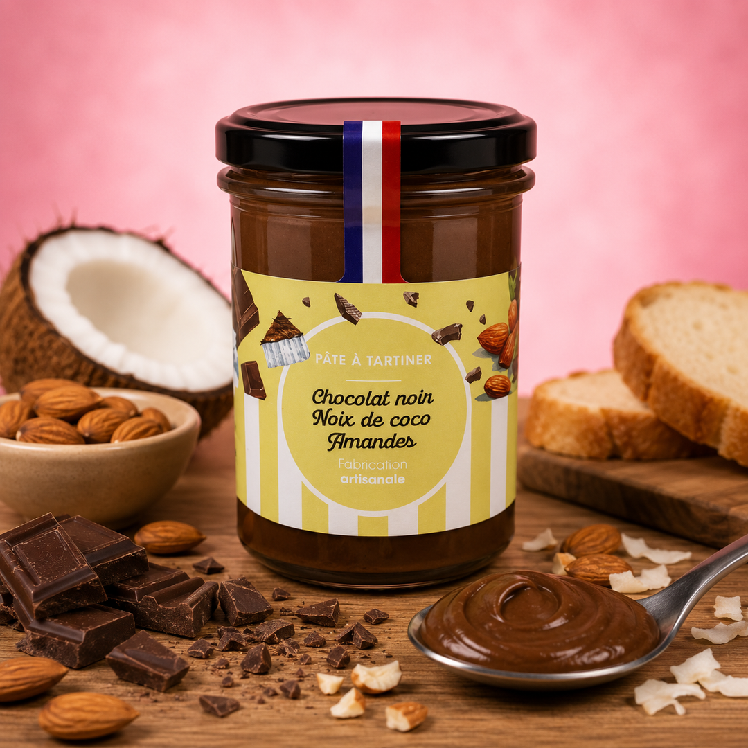 Pâte à tartiner chocolat noir, noix de coco et amandes