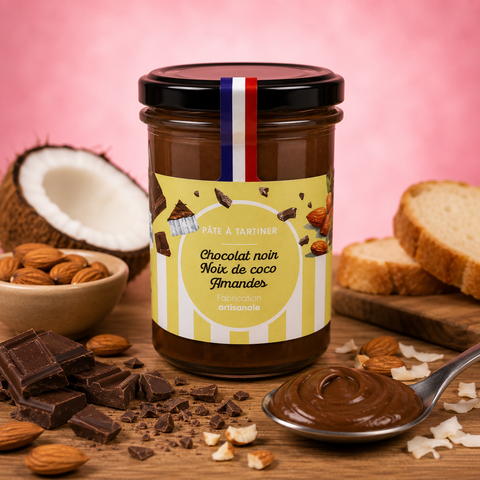 Pâte à tartiner chocolat noir, noix de coco et amandes