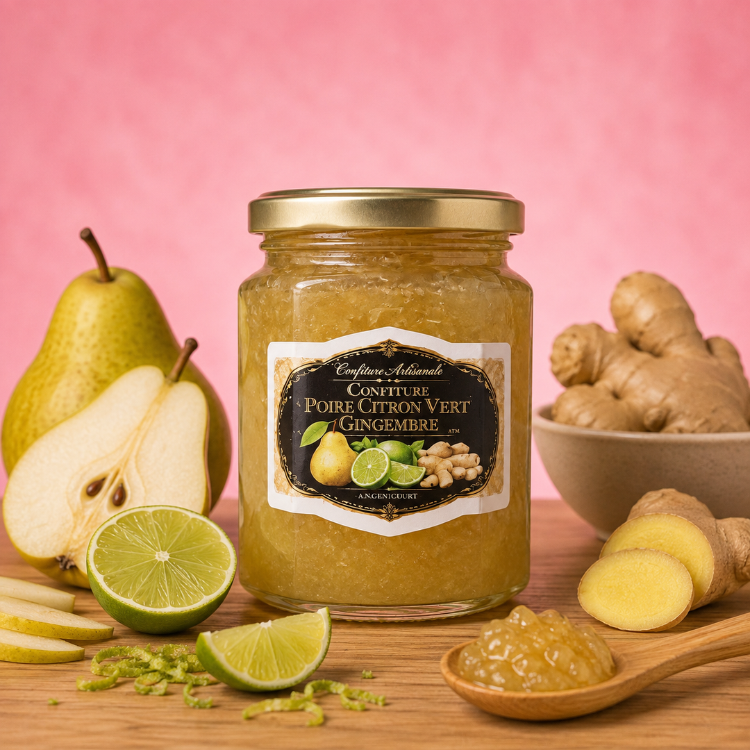 Confiture artisanal extra de poire, citron vert et gingembre