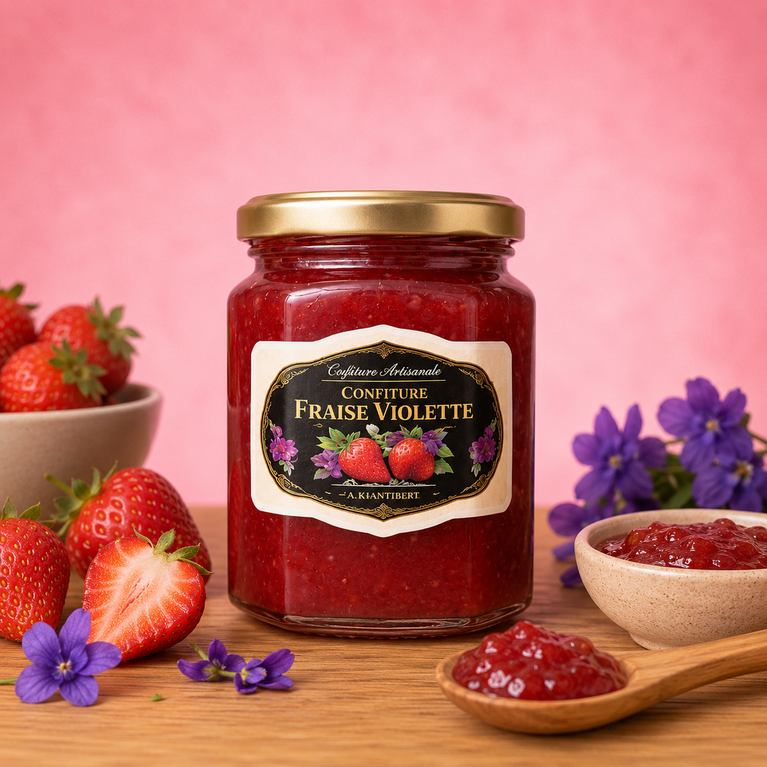 Confiture artisanal extra de fraise et violette