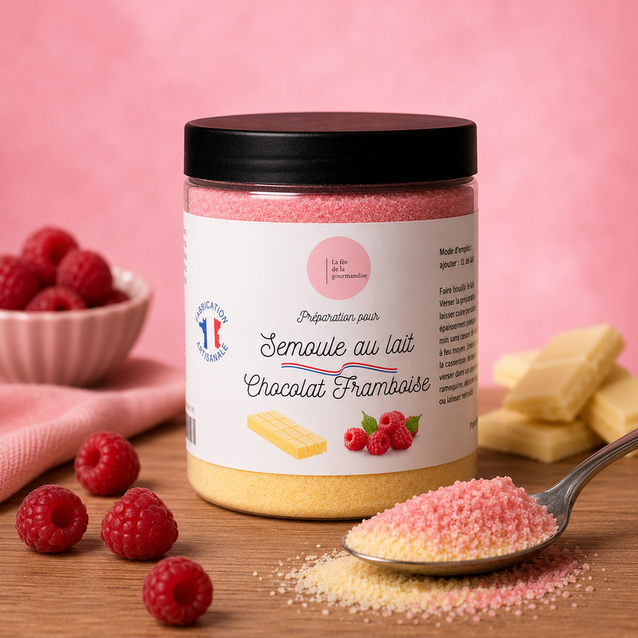 Semoule au lait chocolat blanc framboise en situation